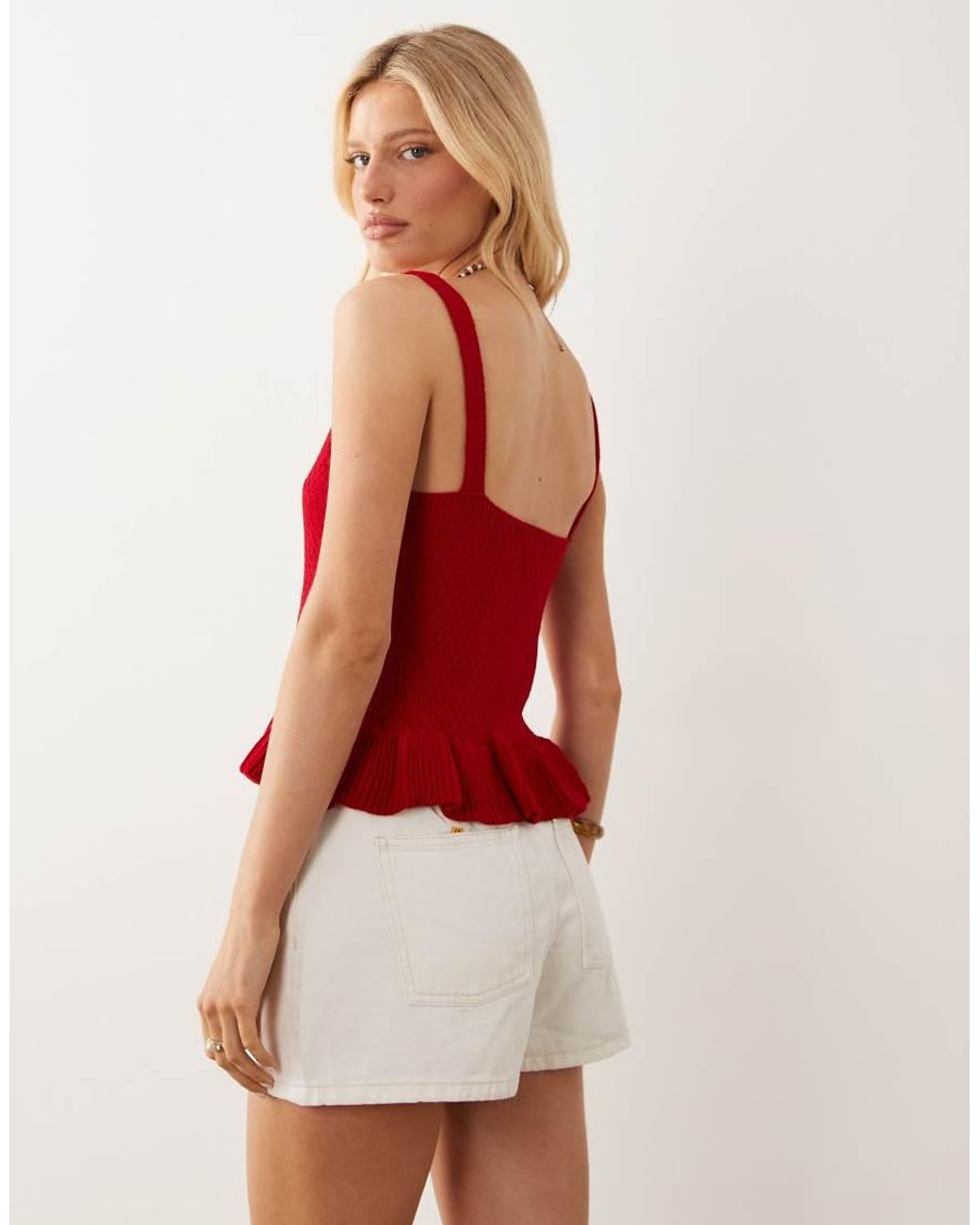Miss Selfridge Red Knitted Cami Top With Peplum Hem