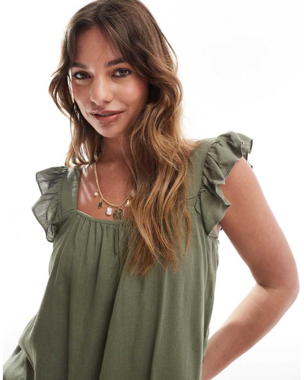 Pieces Green Linen Touch Flutter Sleeve Cami Top Co-ord
