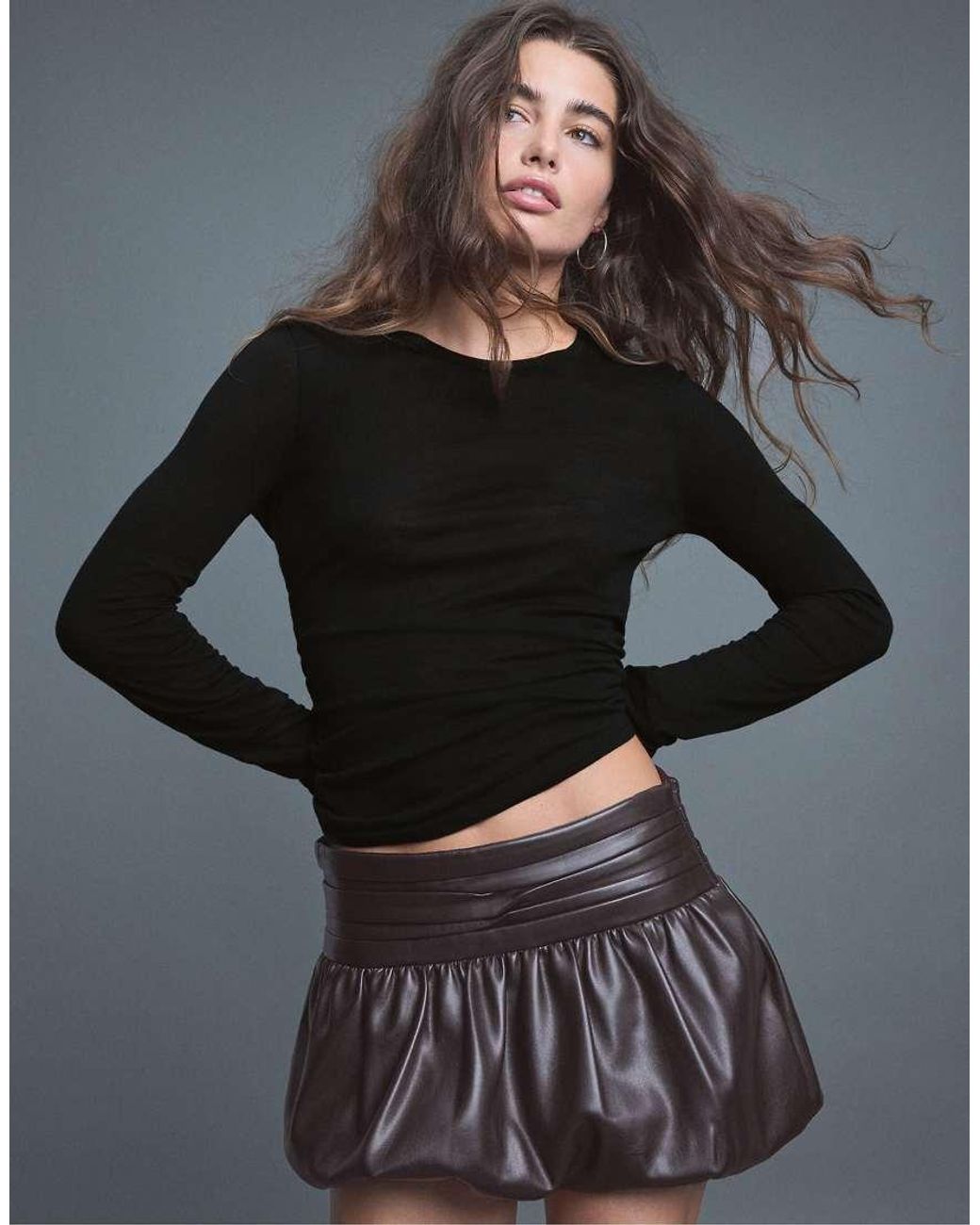 Stradivarius Gray Leather Effect Balloon Mini Skirt