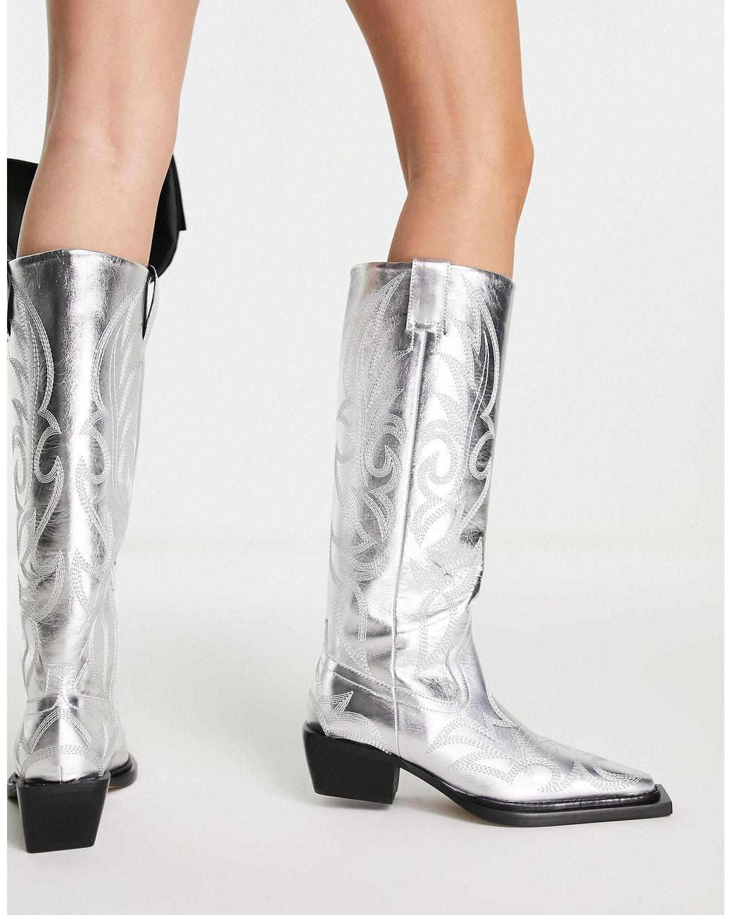 TOPSHOP Texas Premium Leather Knee High Western Boots in Metallic | Lyst