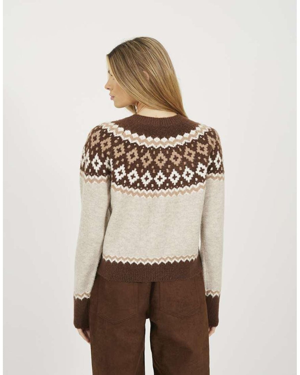 Brave Soul Natural Crew Neck Fairisle Knit Cardigan