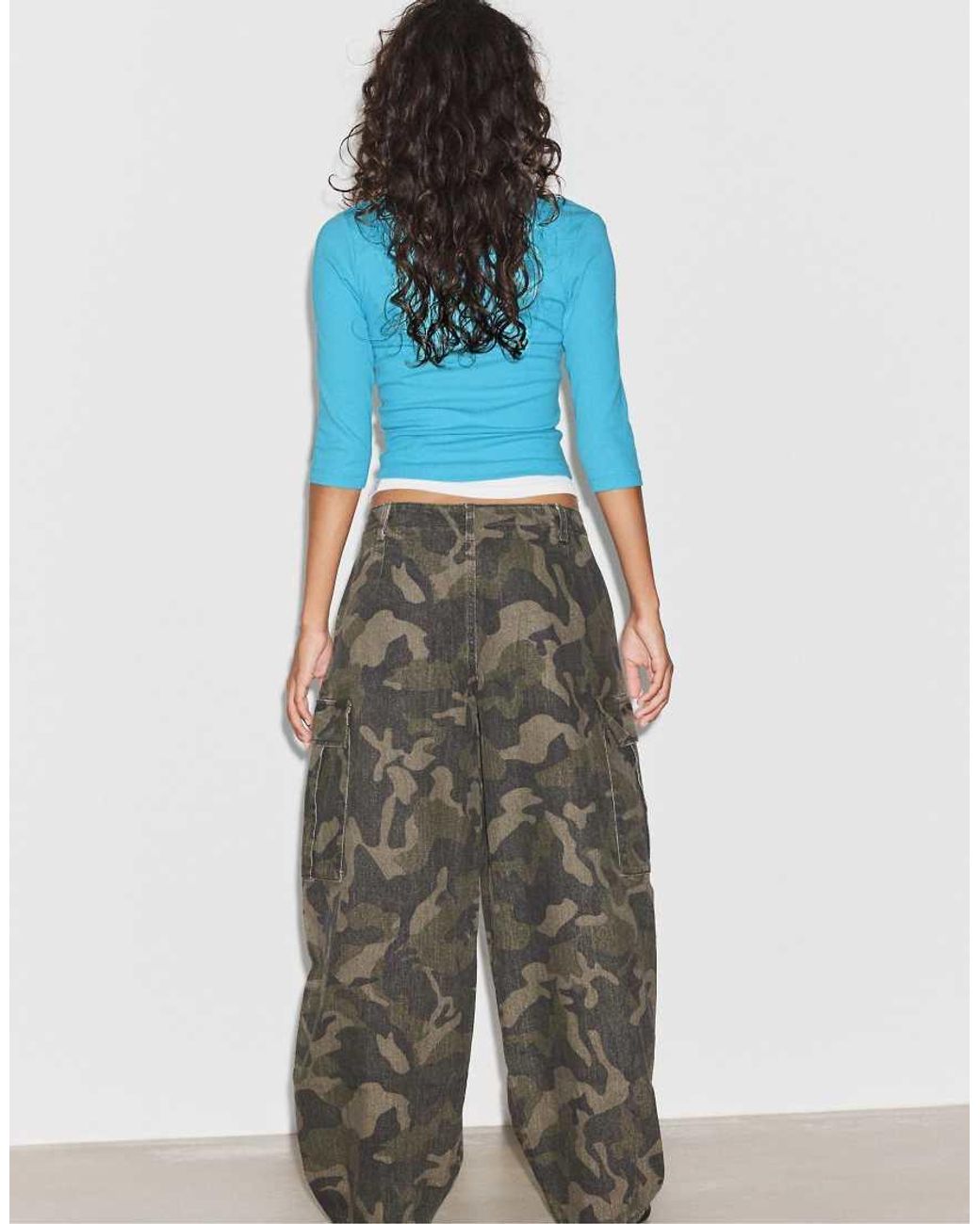 Stradivarius Blue Printed Cargo Trousers