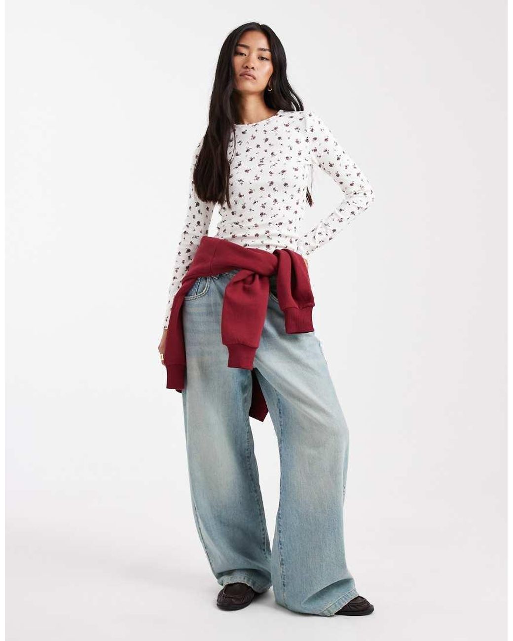 Miss Selfridge White Rib Crew Neck Top Ditsy Print
