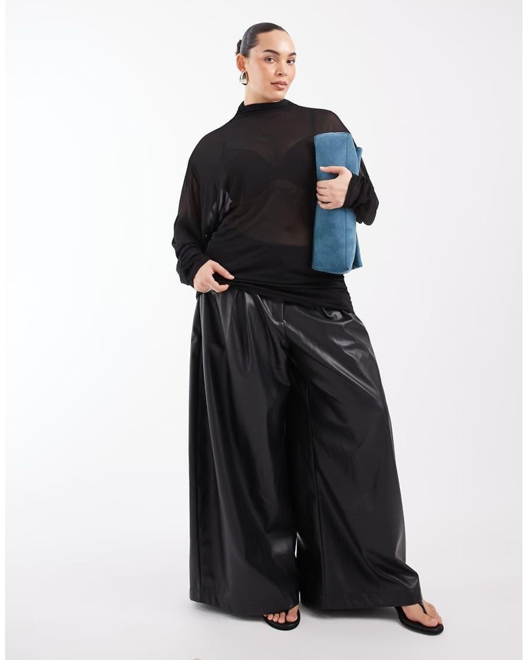 ASOS Black Asos Design Curve Sheer Batwing High Neck Ruched Sleeve Top