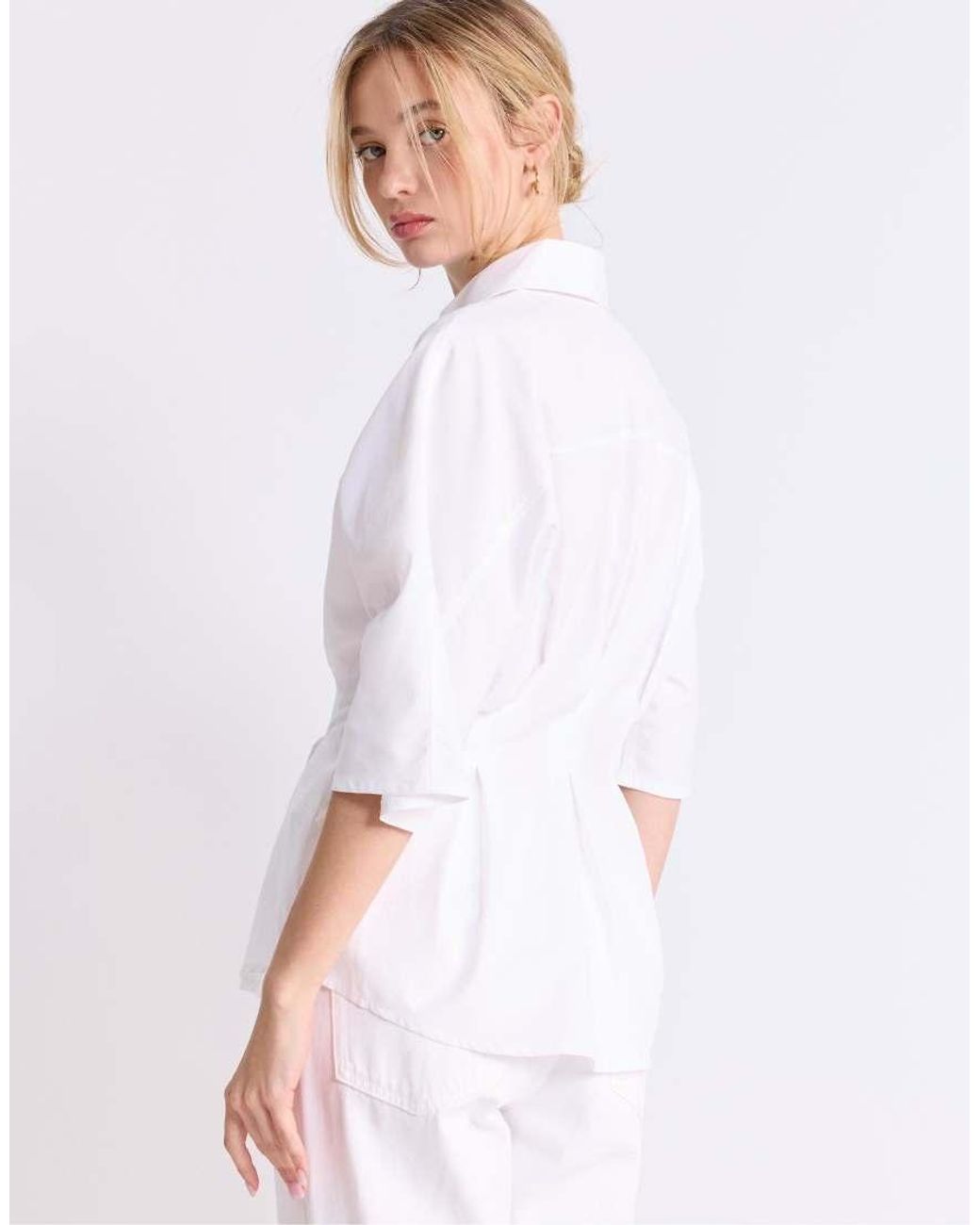 Stradivarius White Poplin Shirt With Kimono Sleeves And Pleats