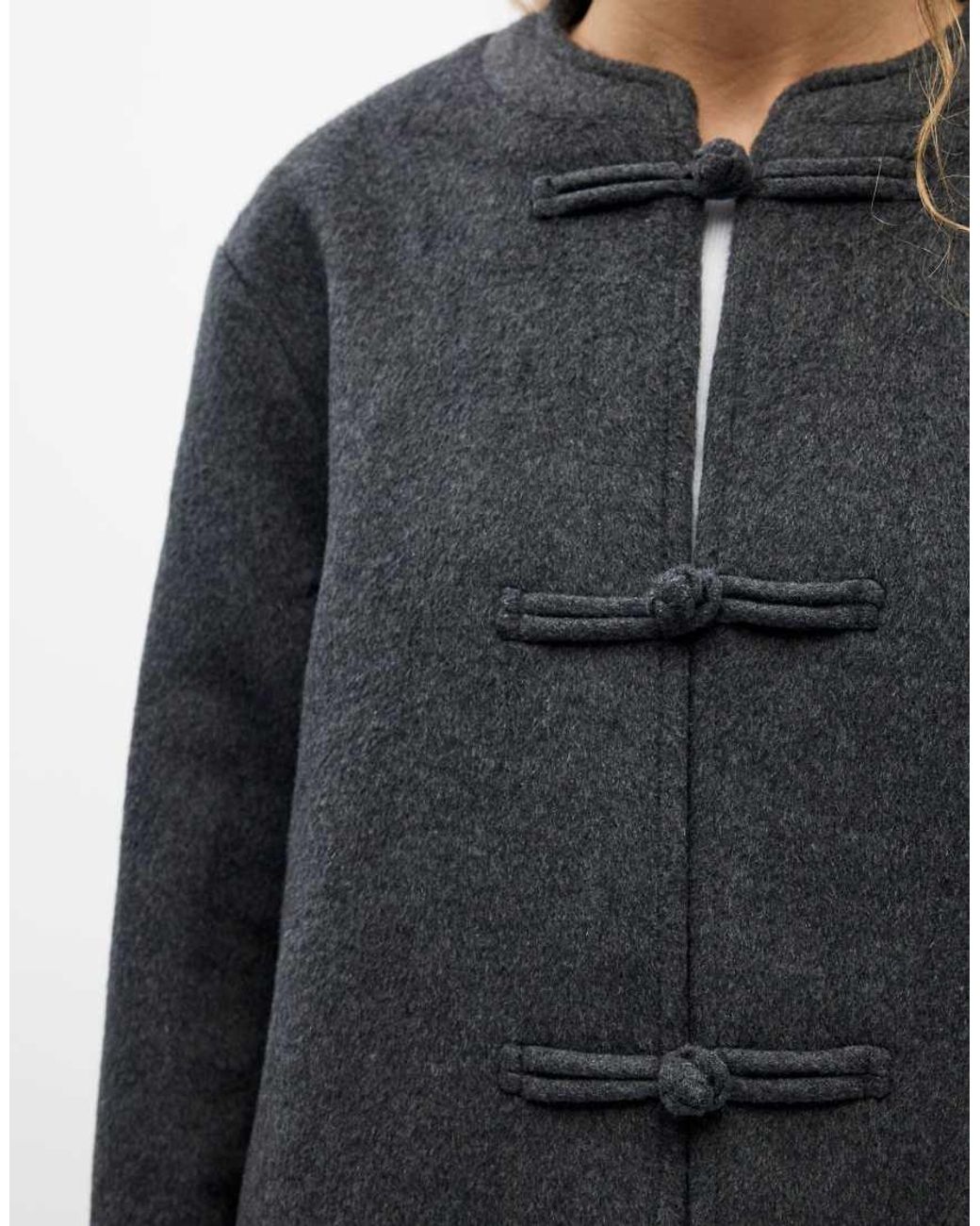 Object Blue Linn Oversized Wool Blend Collarless Jacket With Knot-button Fastening