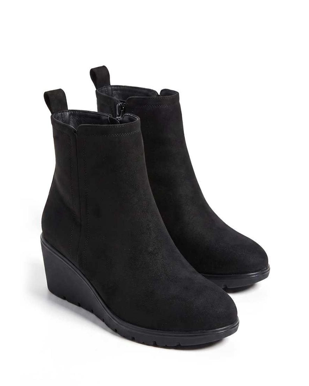 SEQWL Black Wedge Heel Ankle Booties With Cleated Sole And Pull Tab