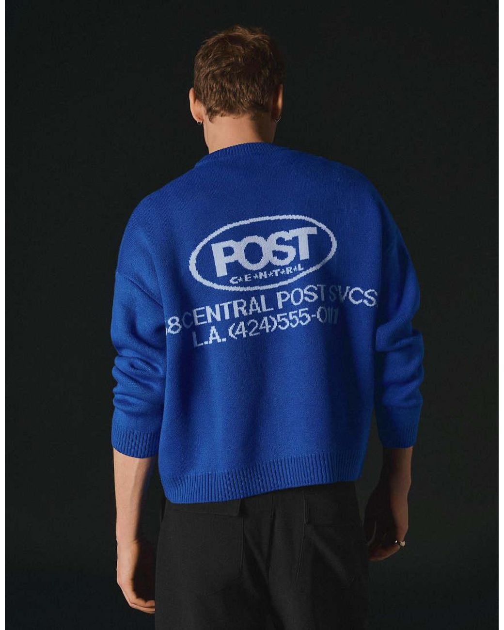 Bershka Blue Jacquard Knit Jumper for men