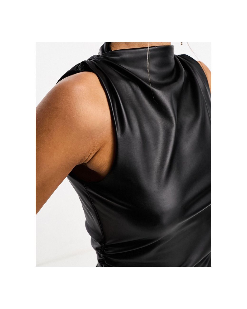 ASOS Leather Look Ruched Shoulder High Neck Tank Top in Black