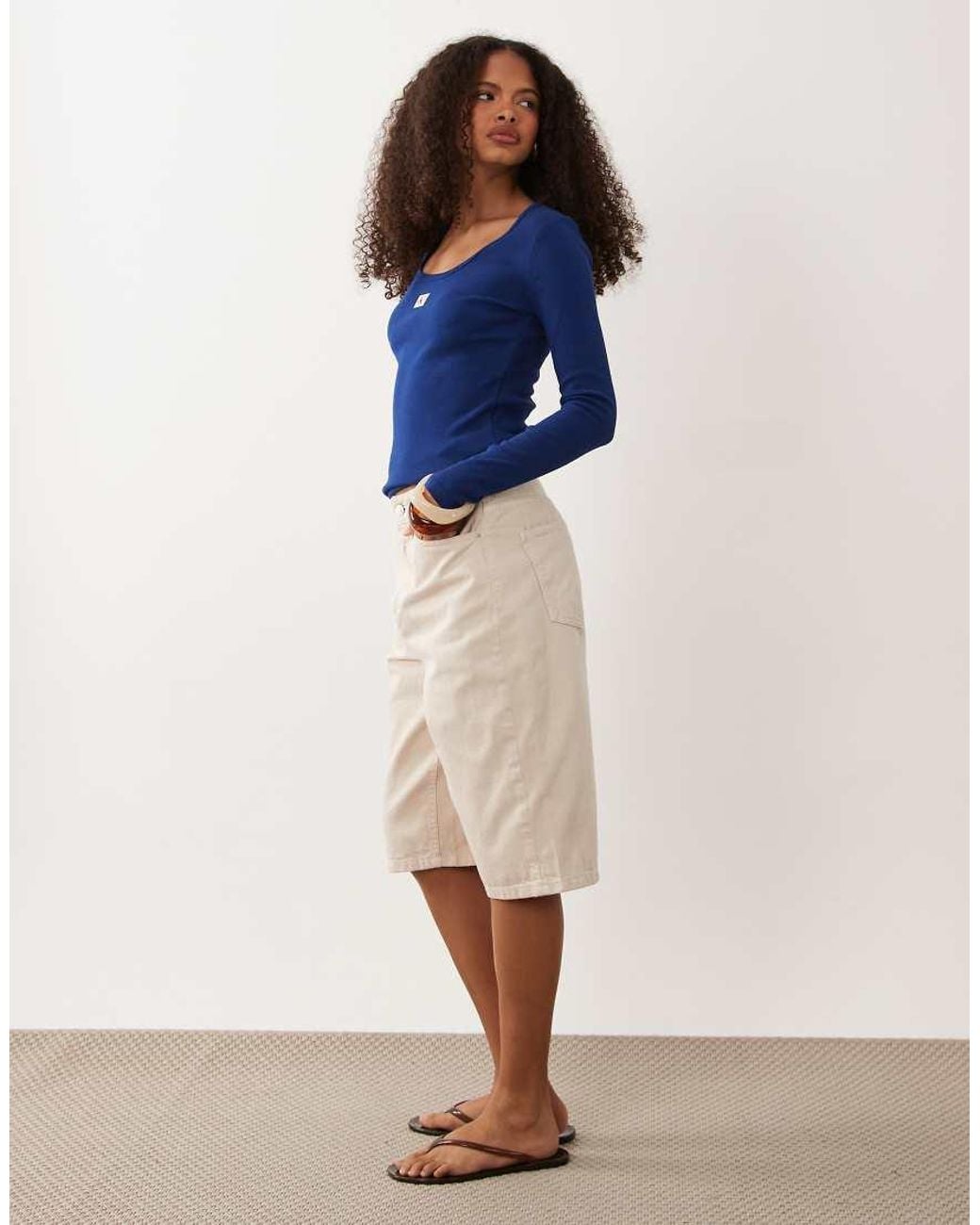 Calvin Klein Blue Long Sleeve Woven Label Rib Scoop Neck Top