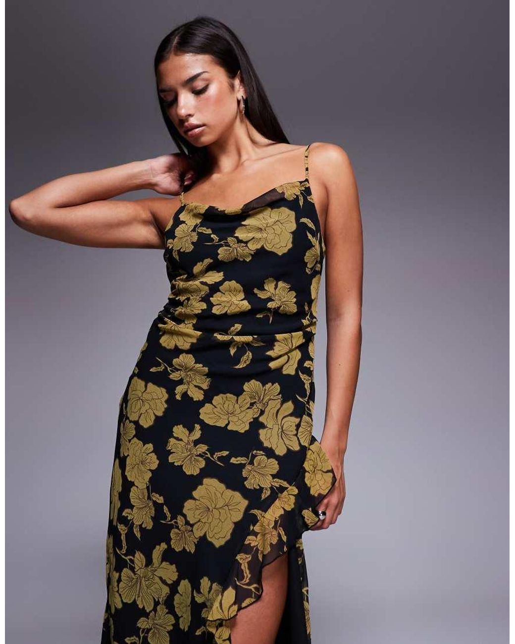 New Look Floral Cowl Neck Midi Dress in Black | Lyst UK