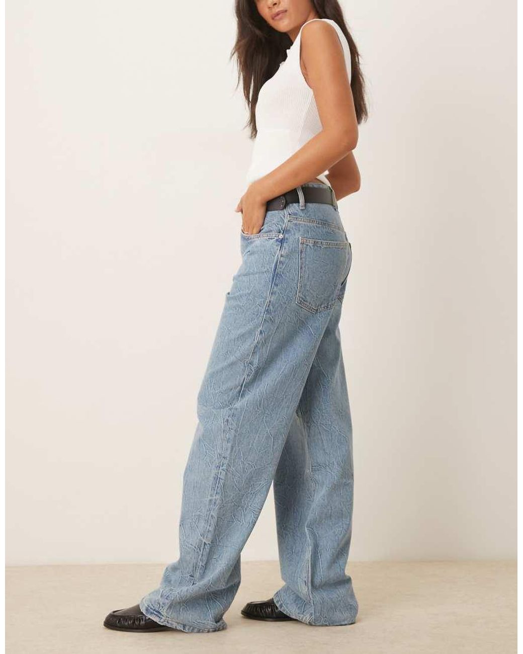 Mango Blue Cotton baggy Textured Low Rise Jean
