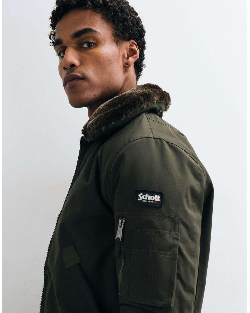 Schott Nyc Blue Faux Fur Collar Padded Bomber Jacket for men