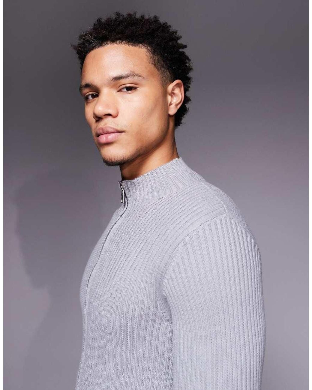 ASOS Gray Muscle Fit Knitted Rib Zip Through Jacket for men