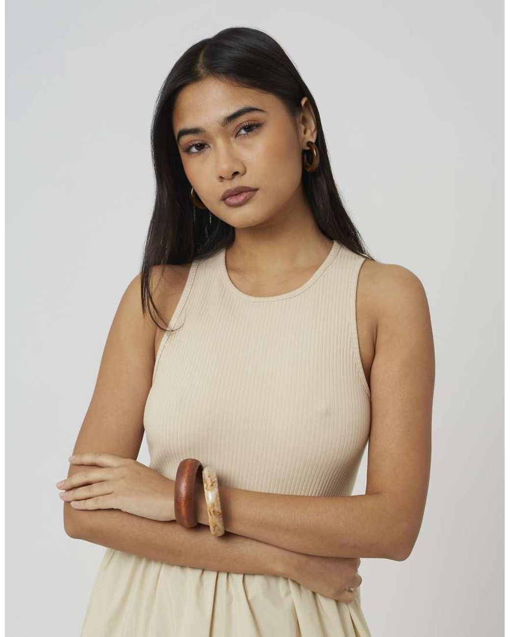 Brave Soul Natural Ribbed Jersey And Poplin Mix Midi Dress