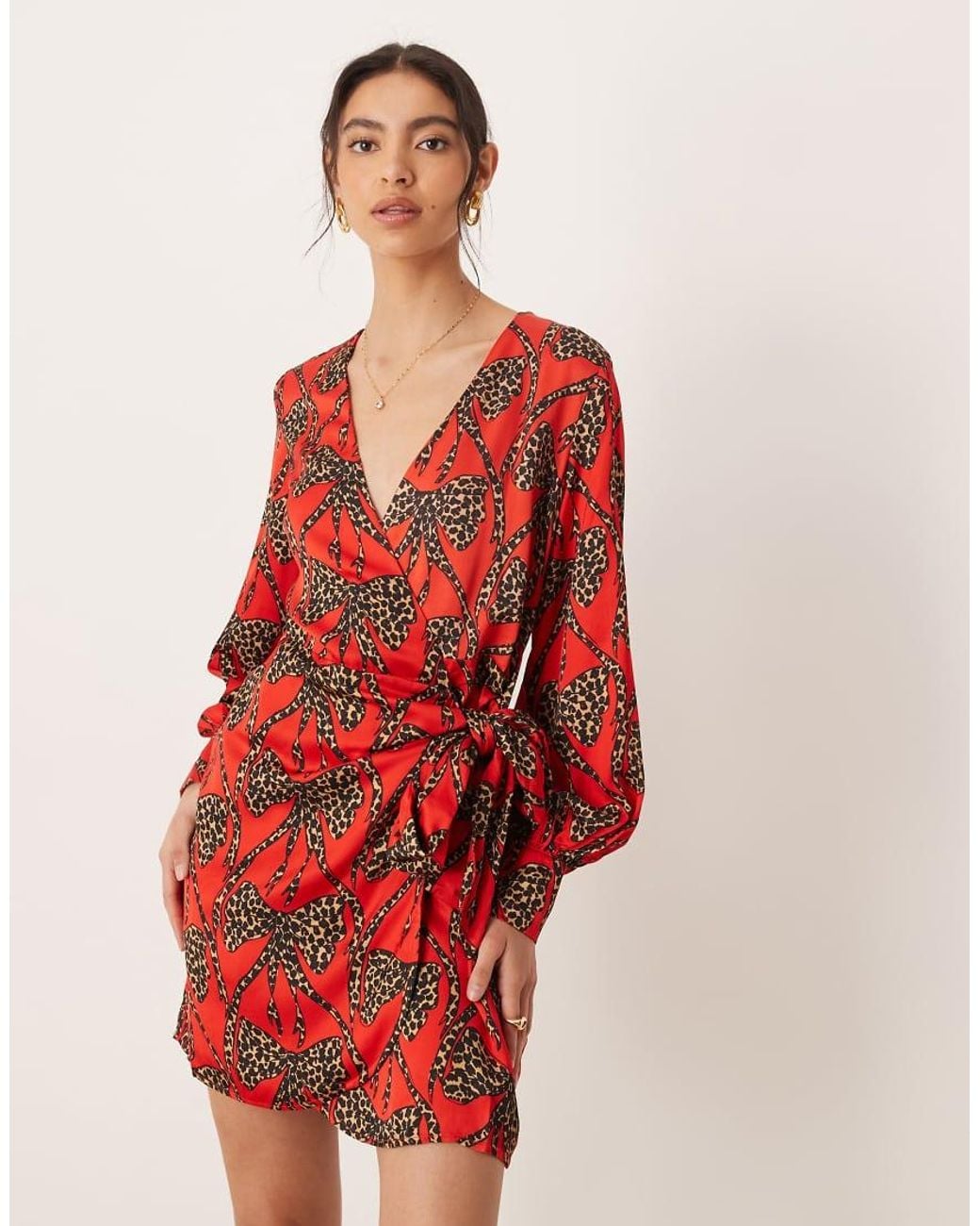 Never Fully Dressed Red Leopard Bow Satin Mini Dress
