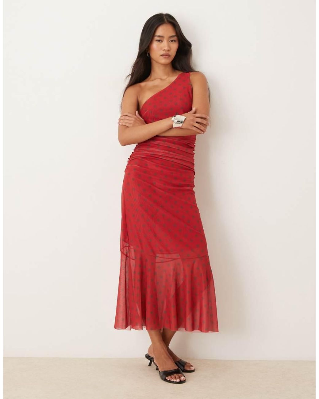 House Of Sunny Red Assymetric Ruffle Polka Dot Midi Dress