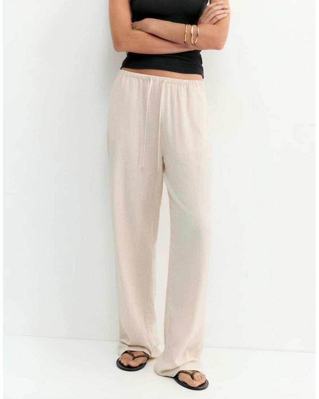 Pull&Bear White Flowing Viscose Linen Blend Trousers