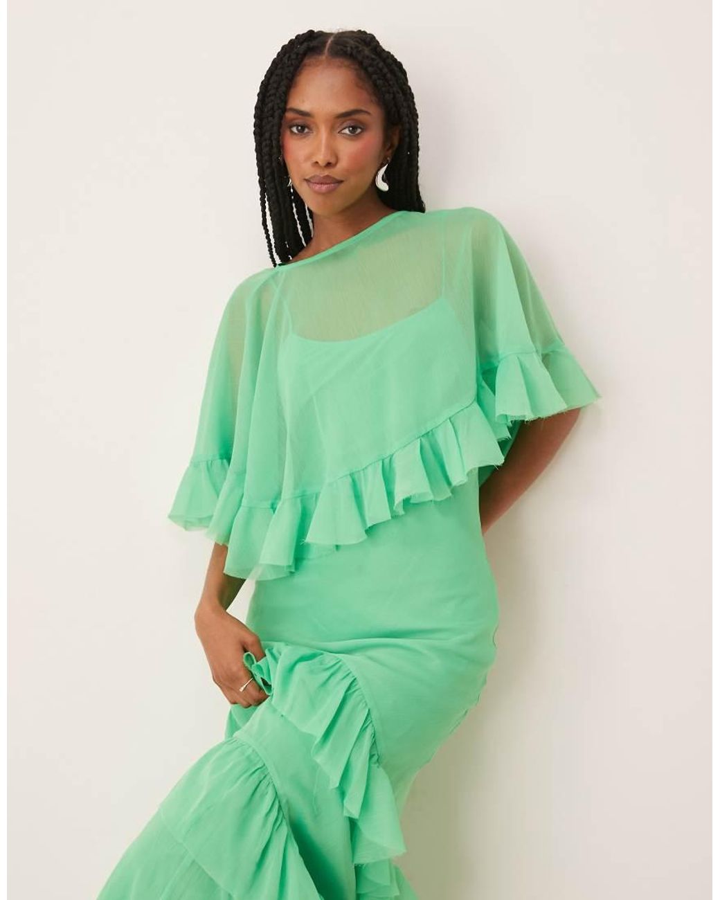 ASOS Green Cape Overlay Ruffle Bias Maxi Dress