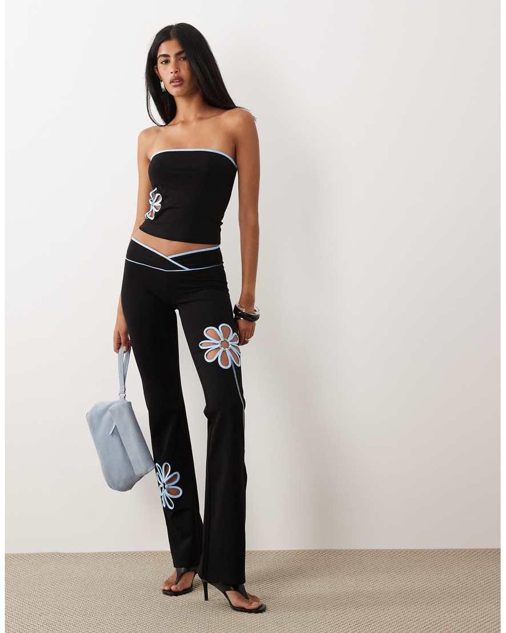 I.AM.GIA Black Daisy Cotton Blend Contrast Floral Cutout Flared Trousers Co-ord