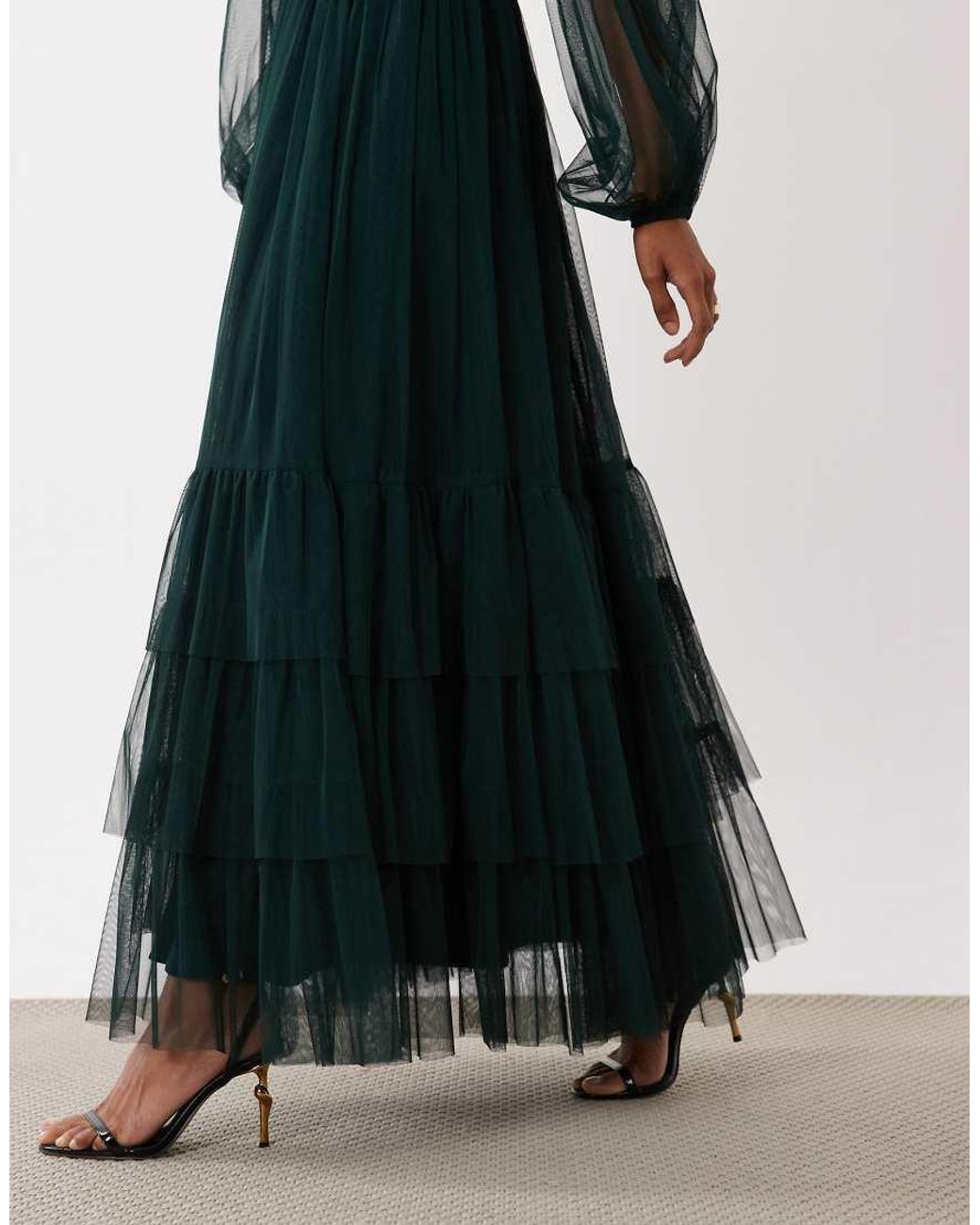 LACE & BEADS Multicolor Bridesmaid Tulle Sheer Sleeve Plunge Neck Tiered Maxi Dress