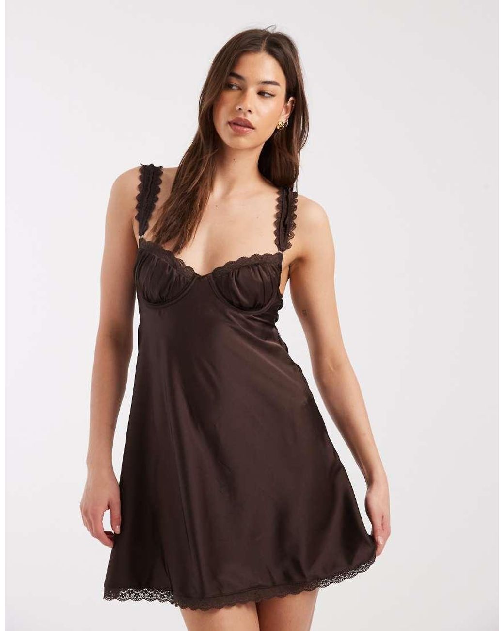 KAT THE LABEL Brown Celeste Satin Slip Dress