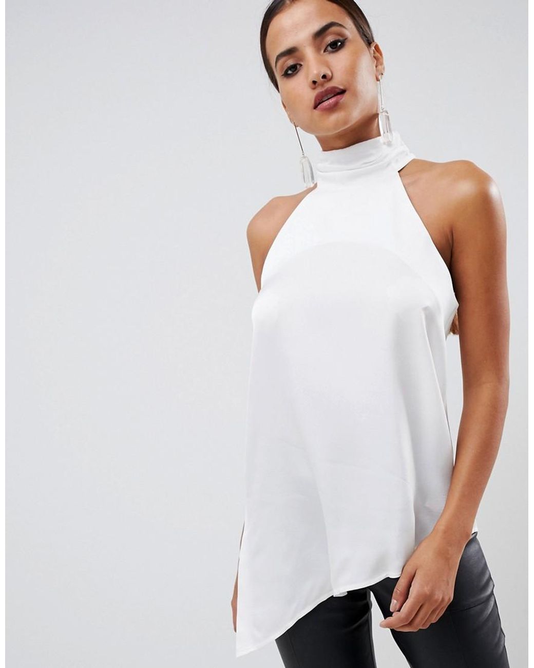 Top accollato allacciato al collo in raso di ASOS in Bianco Lyst