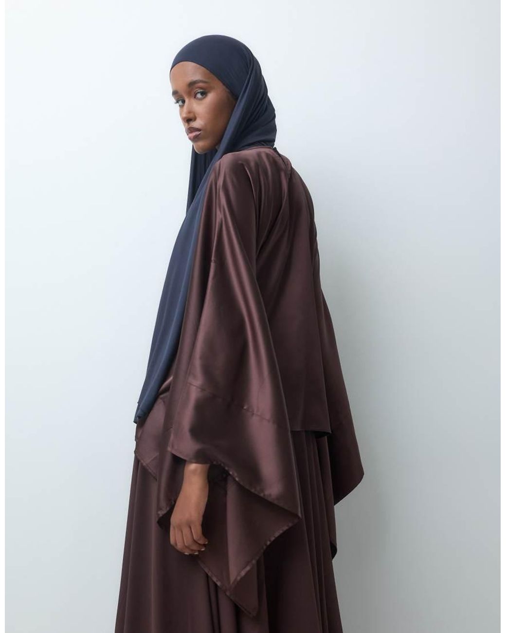 Iyal Brown Satin Extreme Drape Sleeve Top Co-ord