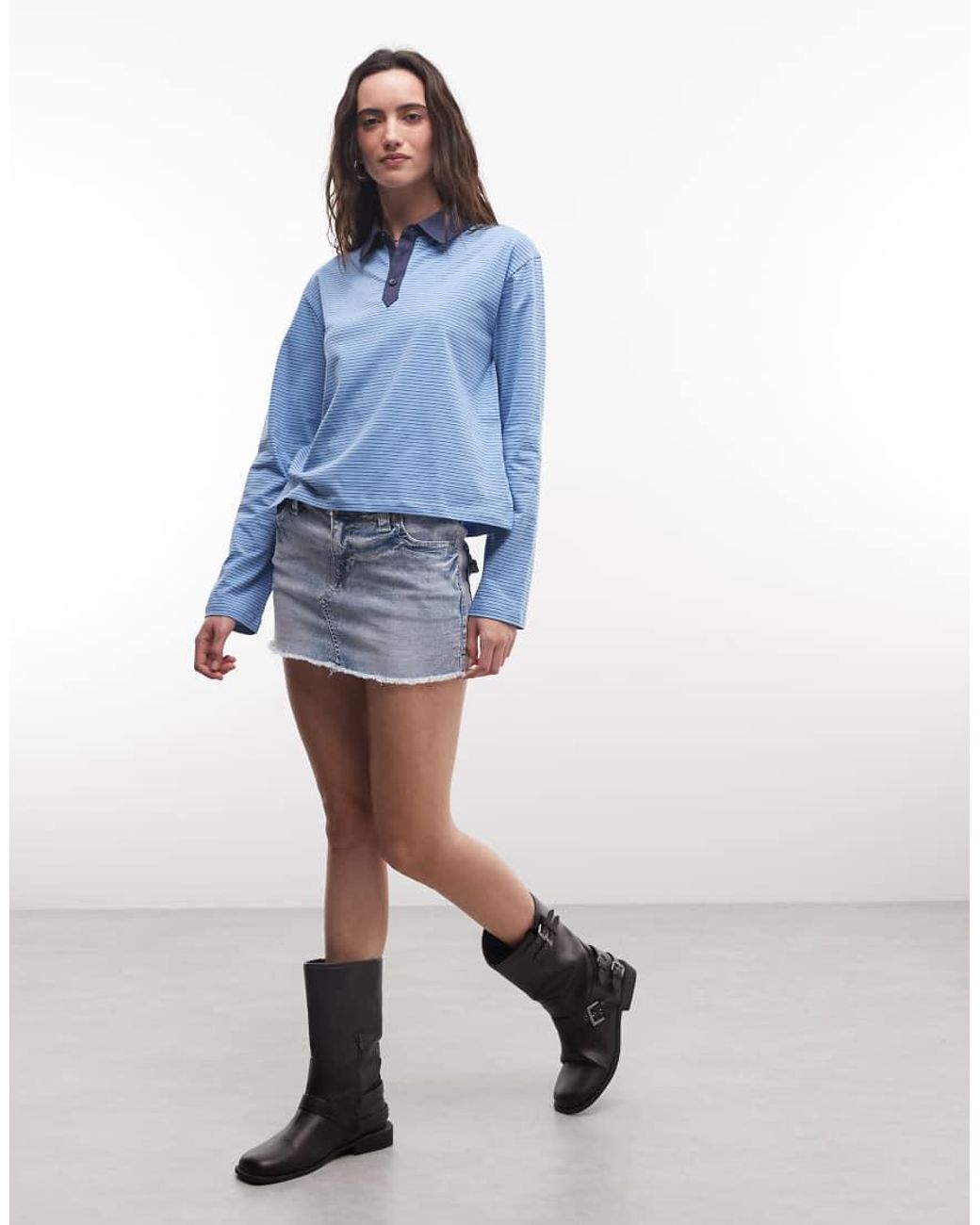 Reclaimed Vintage Blue Striped Fitted Henley Jersey Top