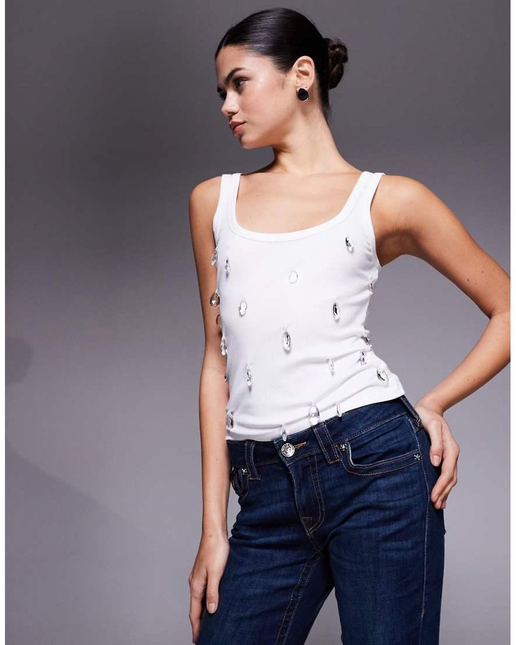 Edikted Blue Zelana Faux Crystal Ribbed Tank Top