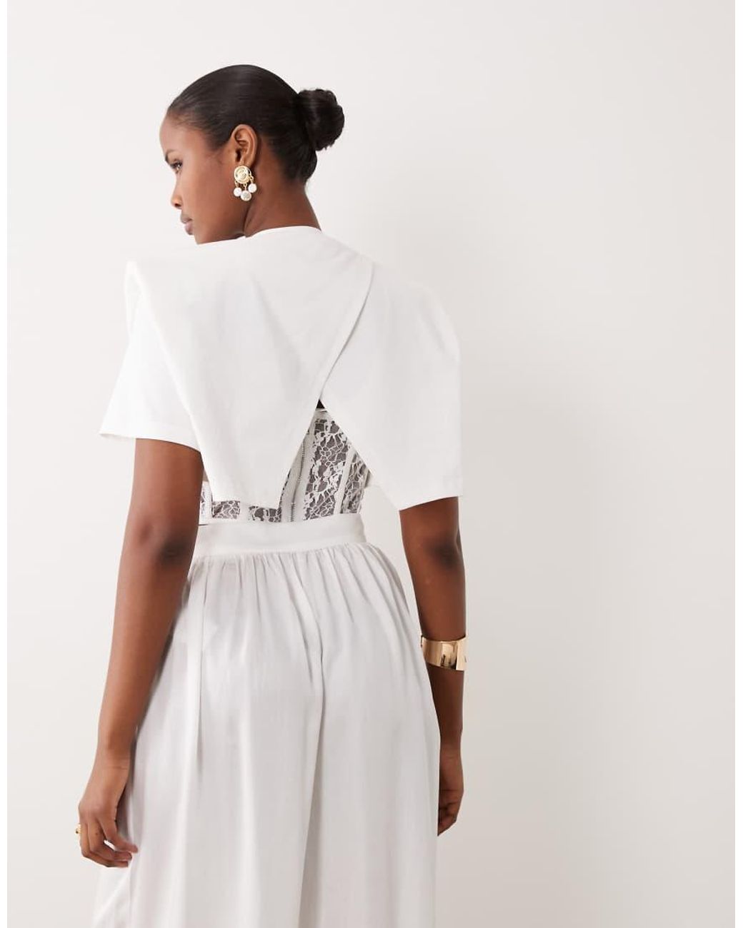 Noughts & Kisses White Padded Shoulder Lace Corset Waist Detail Top Co-Ord