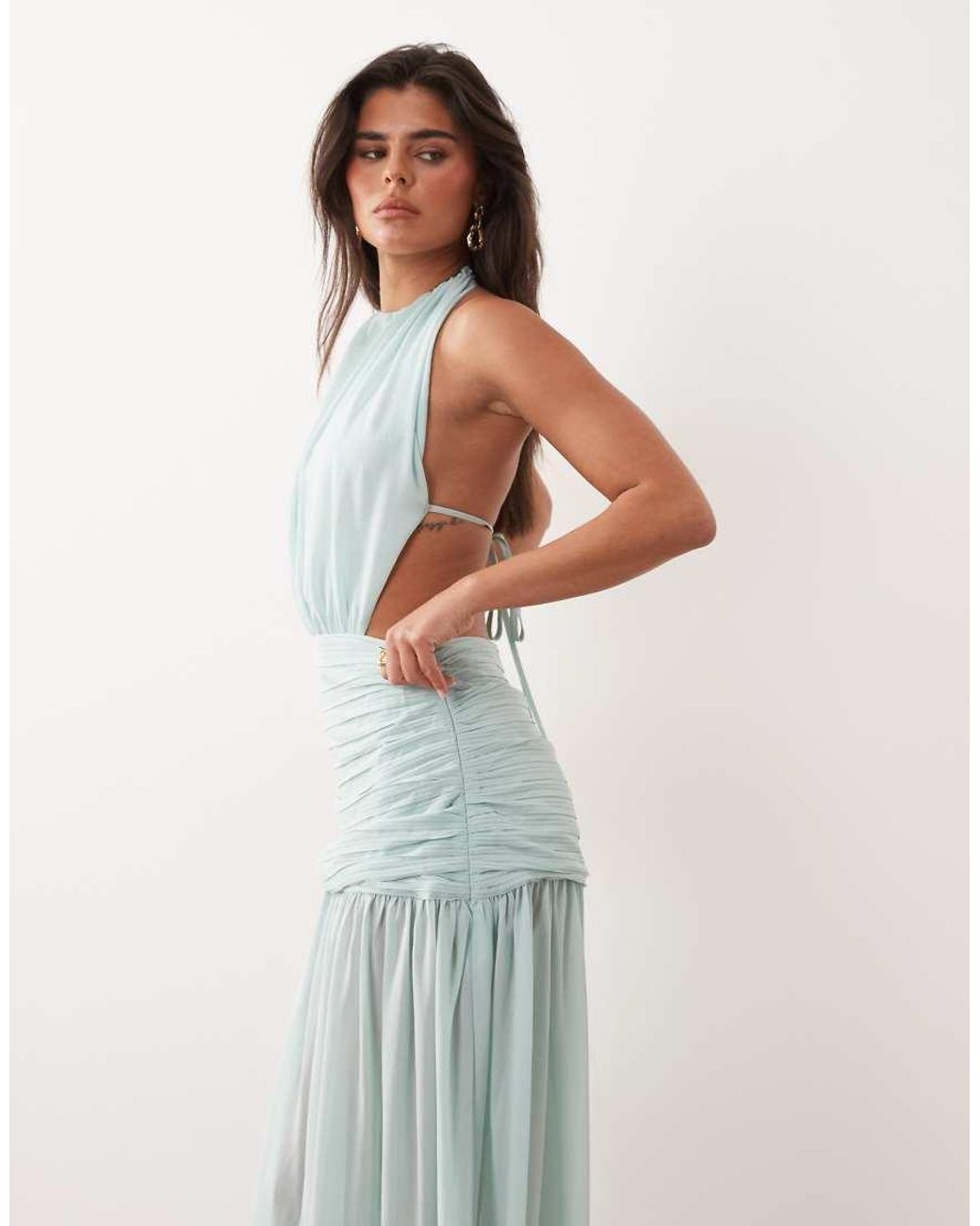Noughts & Kisses Blue Halterneck Pleated Cinched Waist Sheer Hem Maxi Dress