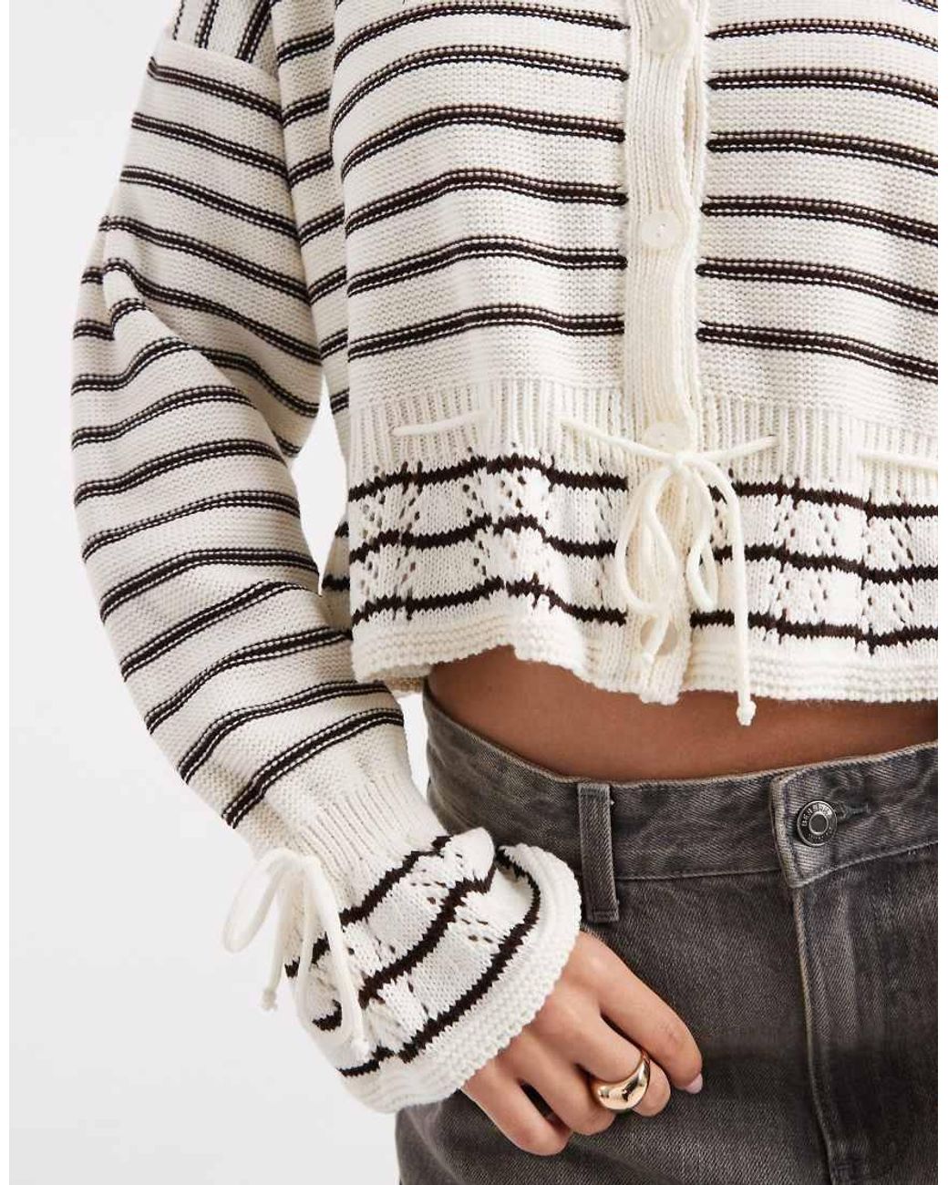 Miss Selfridge White Knitted Tie Waist Stripe Cardigan-yellow