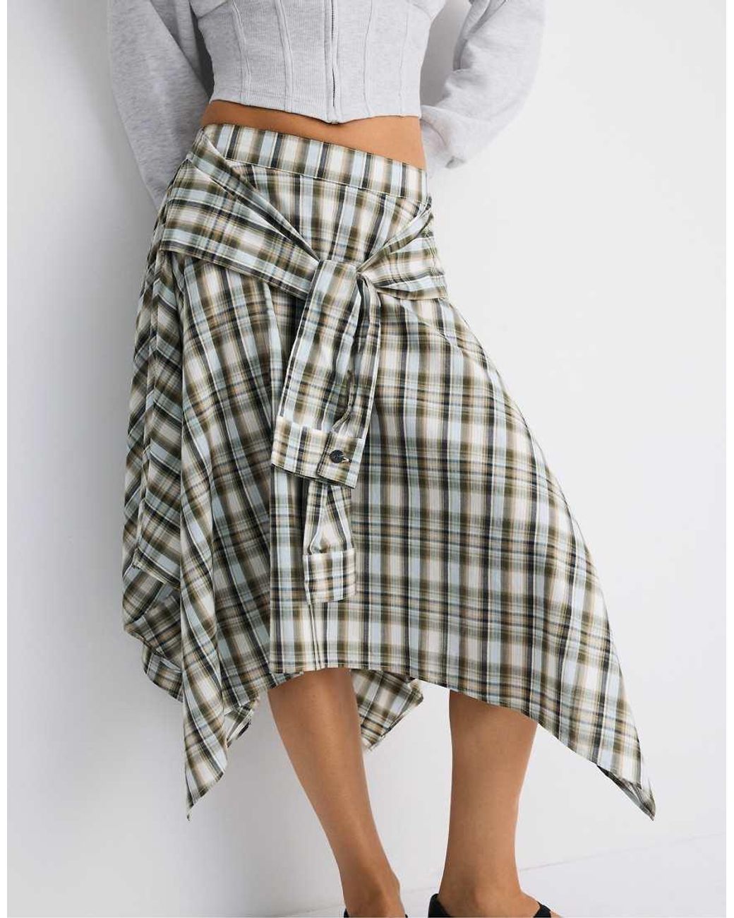 Stradivarius White Printed Shirt-sleeve Detail Midi Skirt