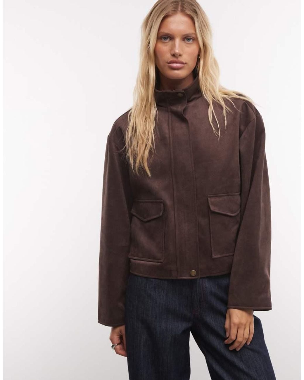 French Connection Brown Faux Suede Funnel Neck Jacket