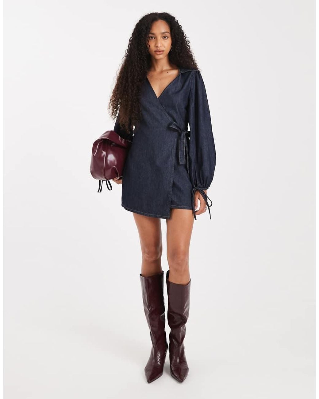 ASOS Blue Denim Wrap Mini Dress With Balloon Sleeve
