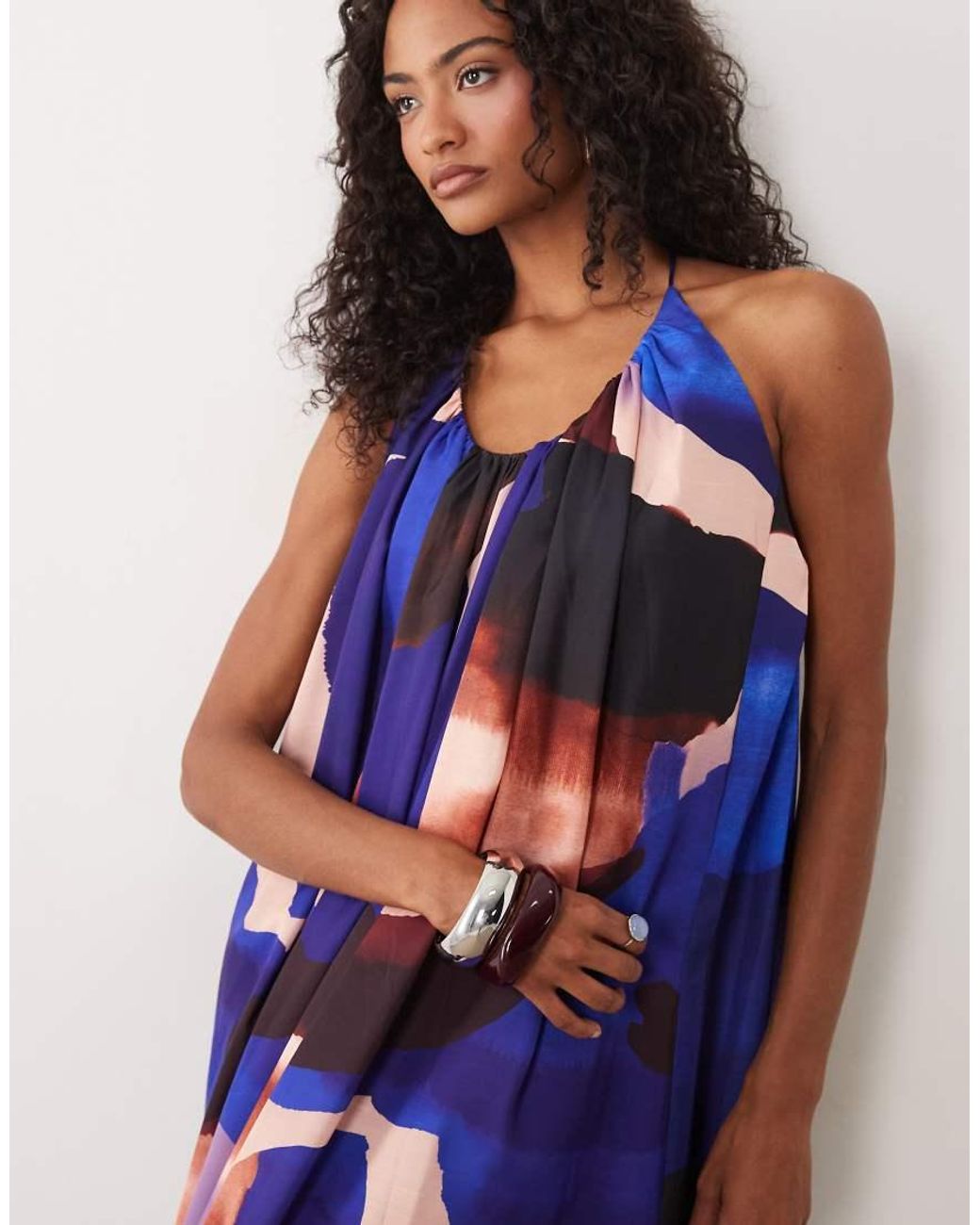 ASOS Blue Trapeze Scoop Neck Full Hem Maxi Dress With Bead Detail Back