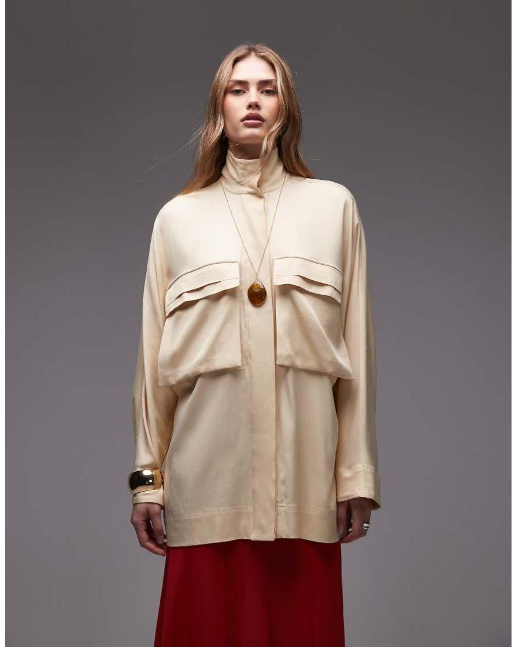 ASOS White Satin Shacket With Concealed Placket And High Neck Detail