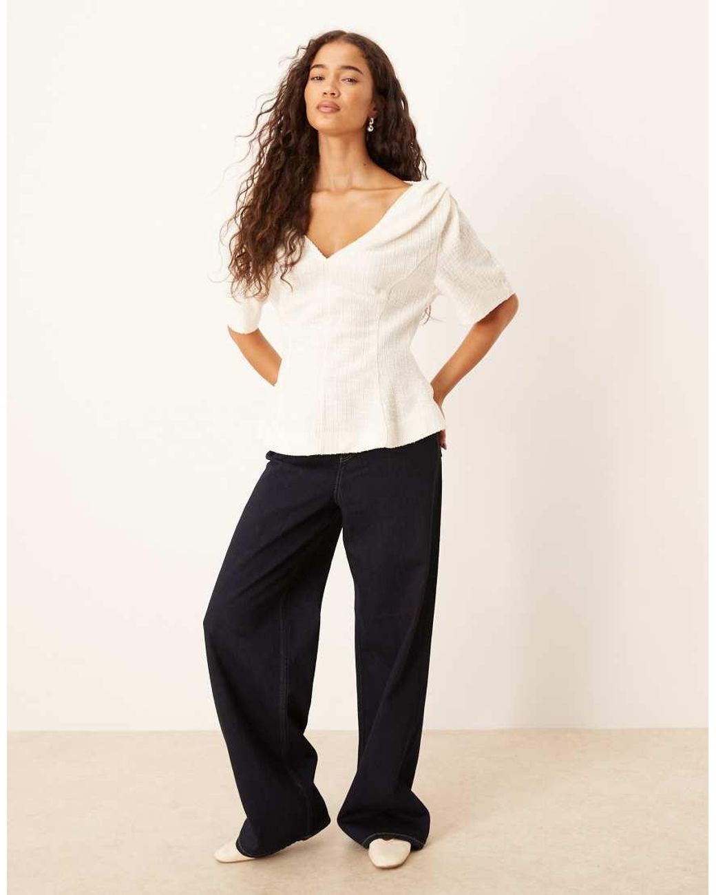 ASOS White V Neck Boucle Twist Shoulder Detail Tee