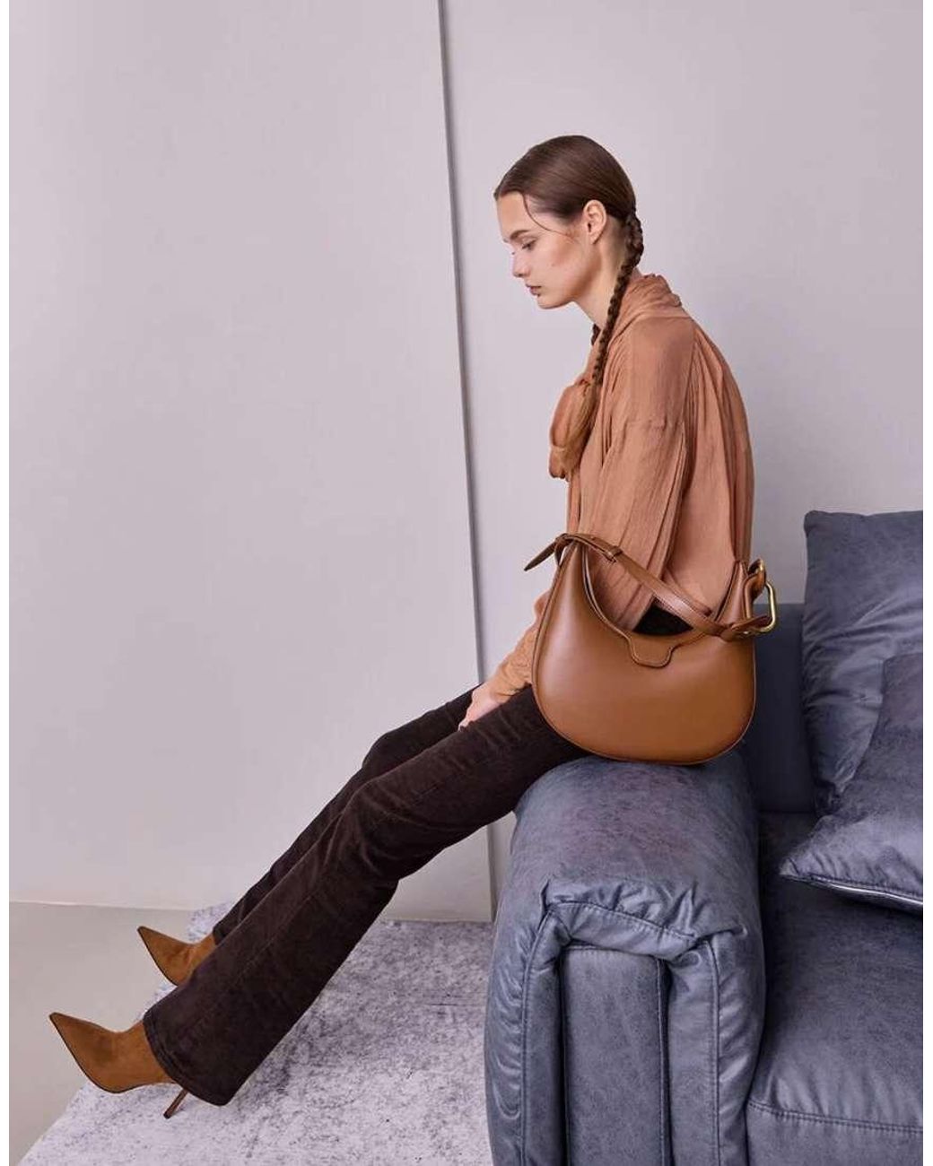 Charles & Keith Brown Kora Metallic-Accent Moon Bag