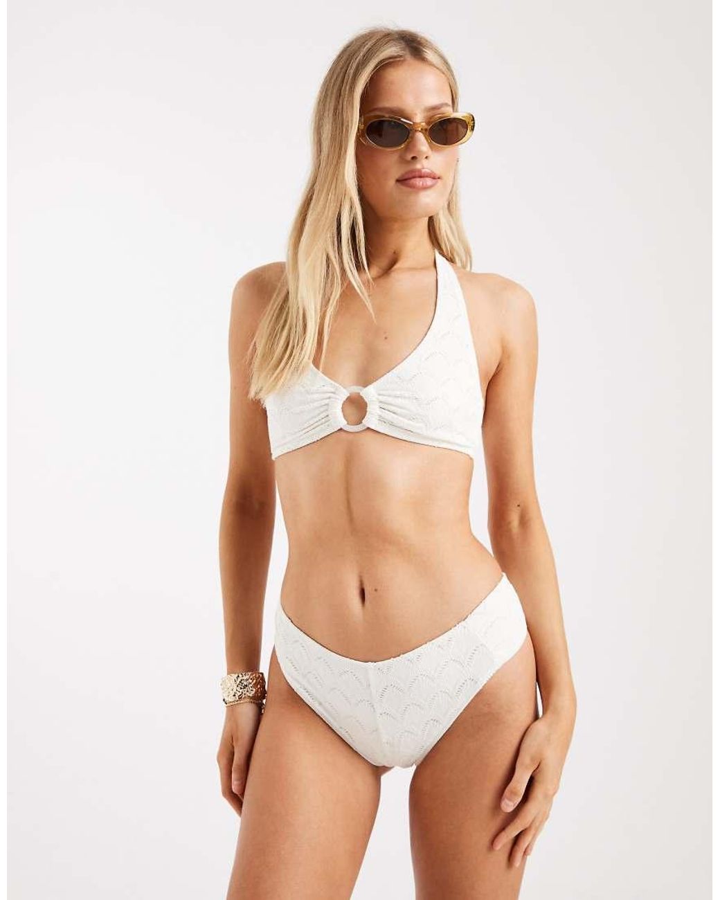 Lindex White Broderie Ruched Side Bikini Bottom
