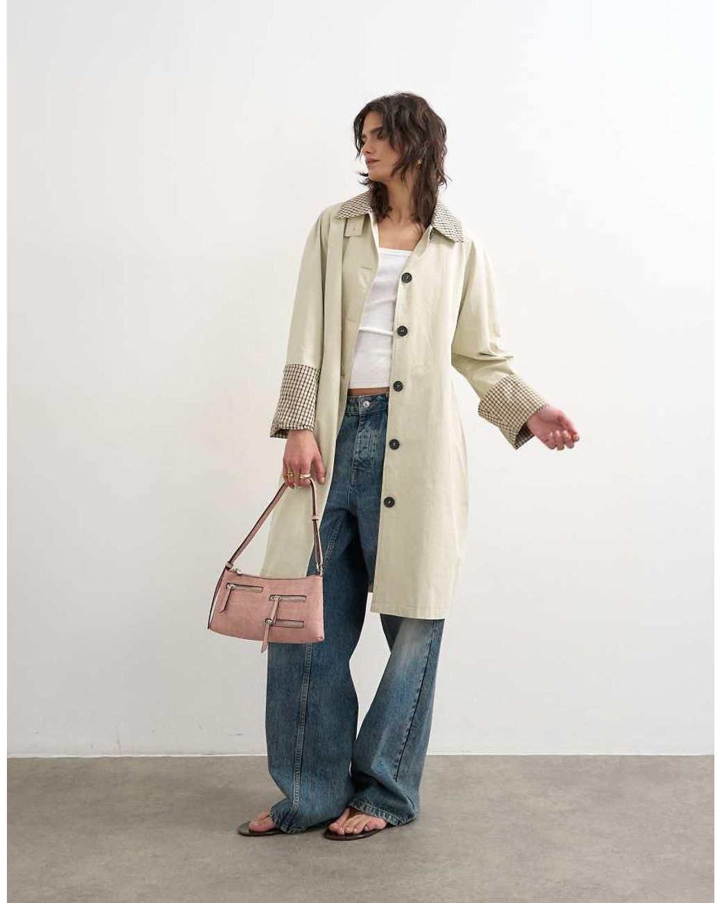 TOPSHOP White Clean Front Trench With Contrast Check
