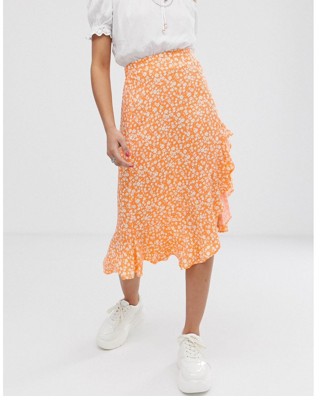 Bershka Ditsy Floral Asymmetric Skirt in Orange | Lyst
