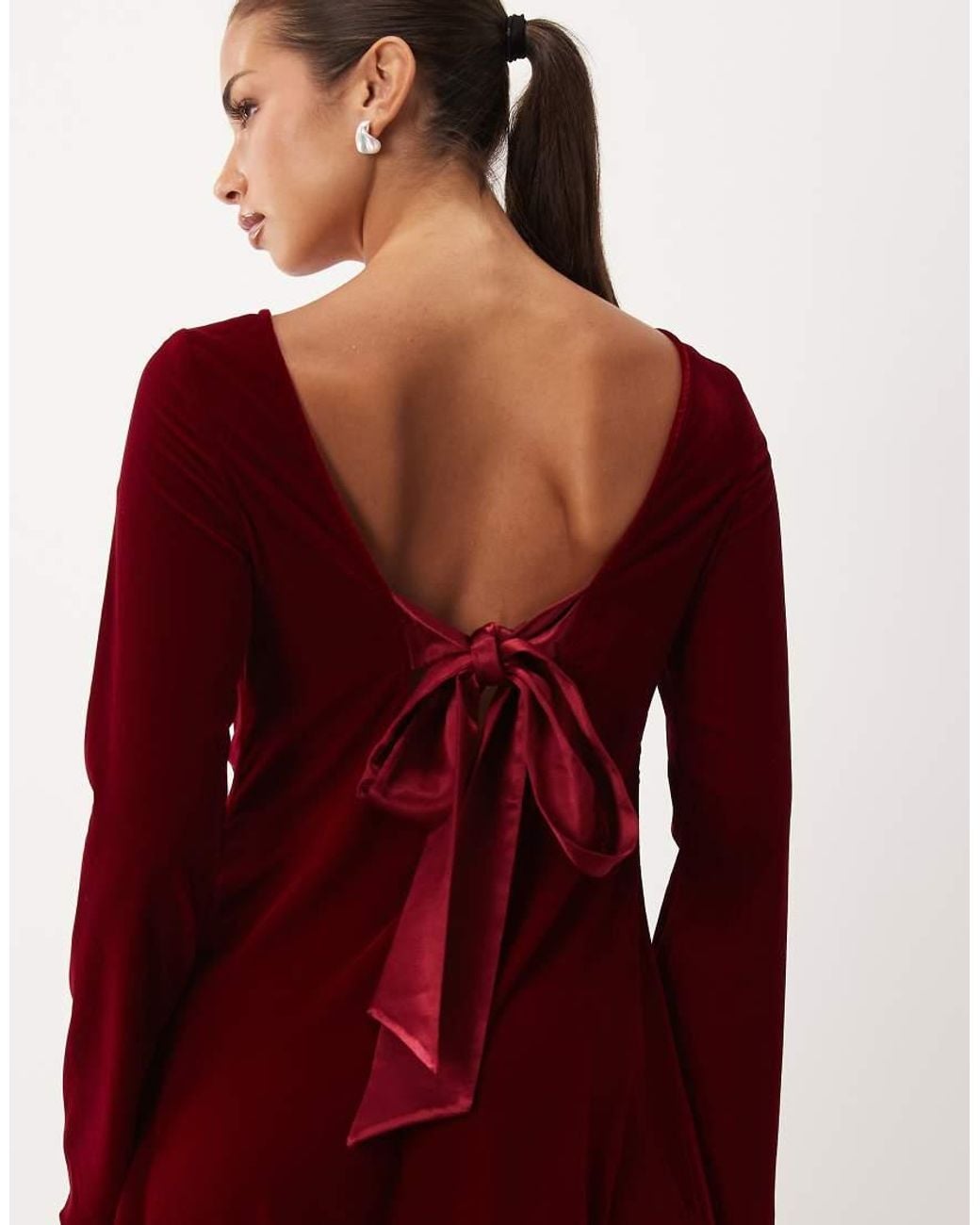 Nobody's Child Red Joelle Open Back Tie Detail Long Sleeve Velvet Mini Dress