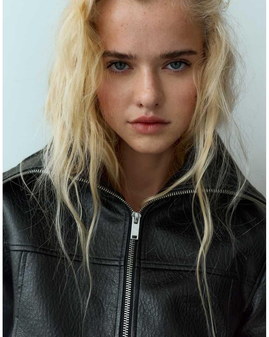 Pull&Bear Gray Leather-Effect Ribbed Jacket