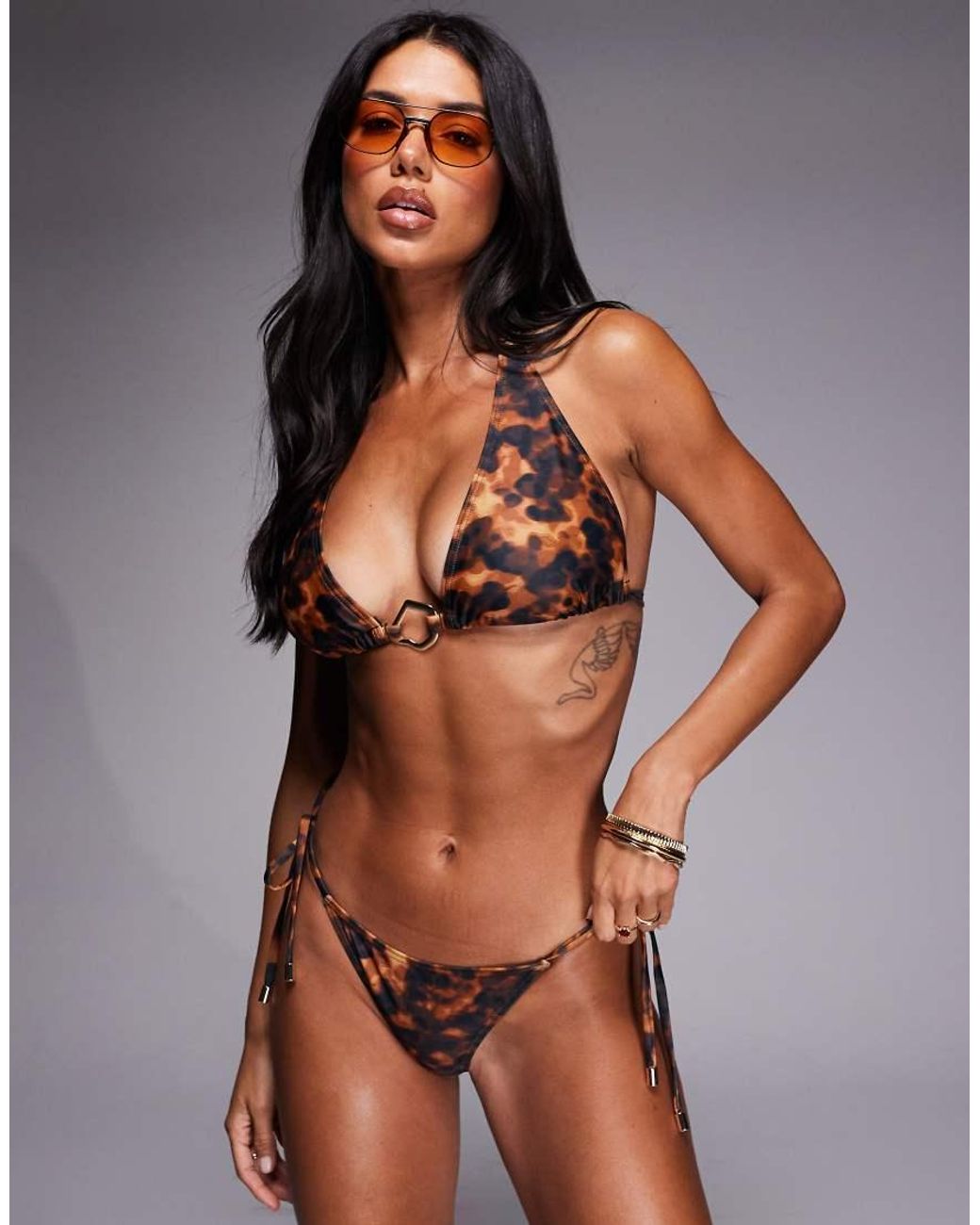 Wolf & Whistle Brown High Apex Triangle Bikini Top With Gold Trim