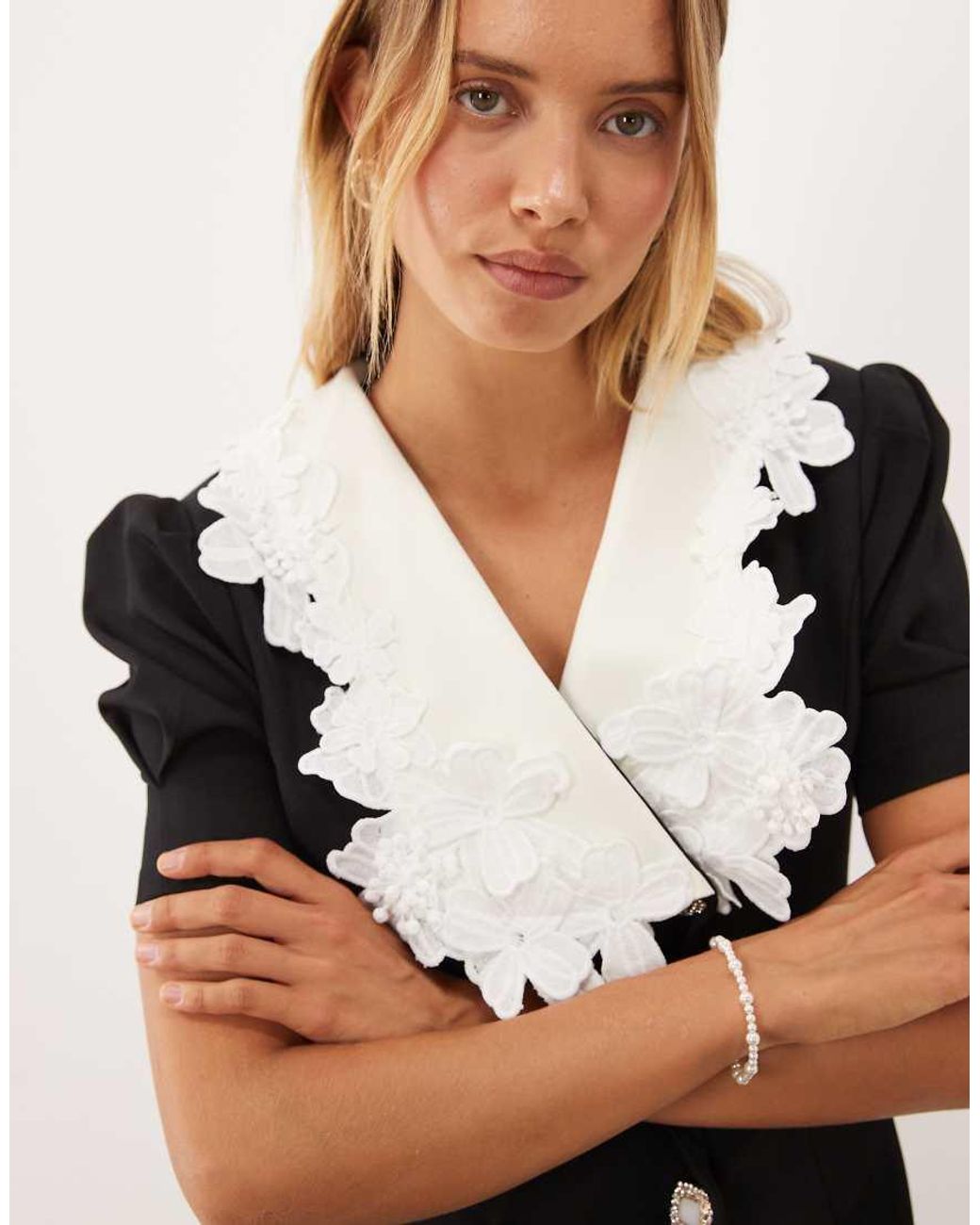 Sister Jane Black Exclusive Contrast Collar Puff Sleeve Mini Dress