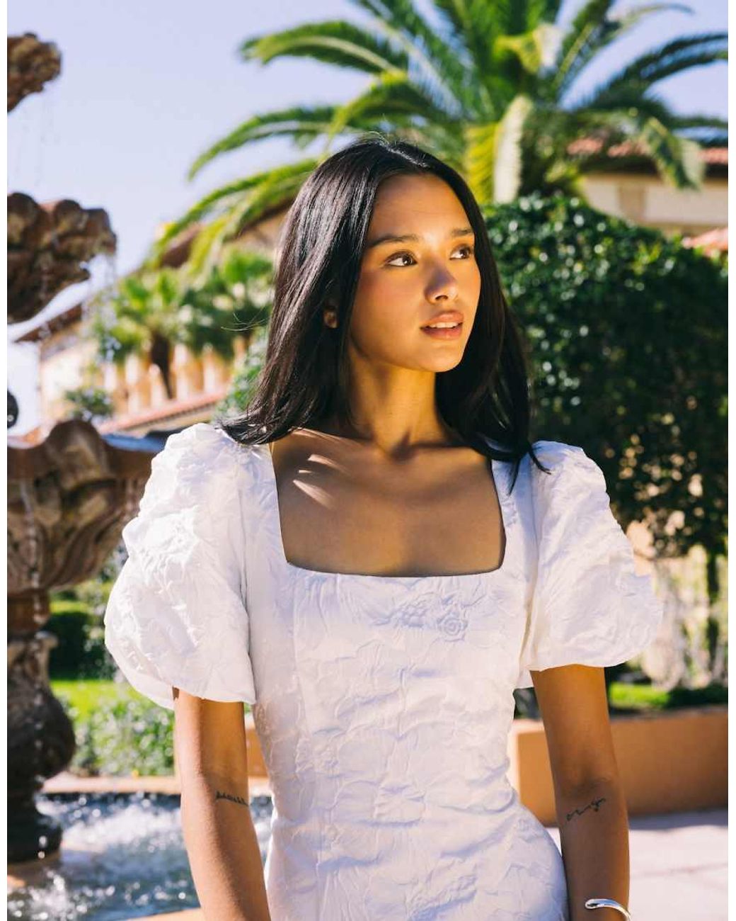 Gina Tricot White Brocade Mini Dress With Puff Sleeves