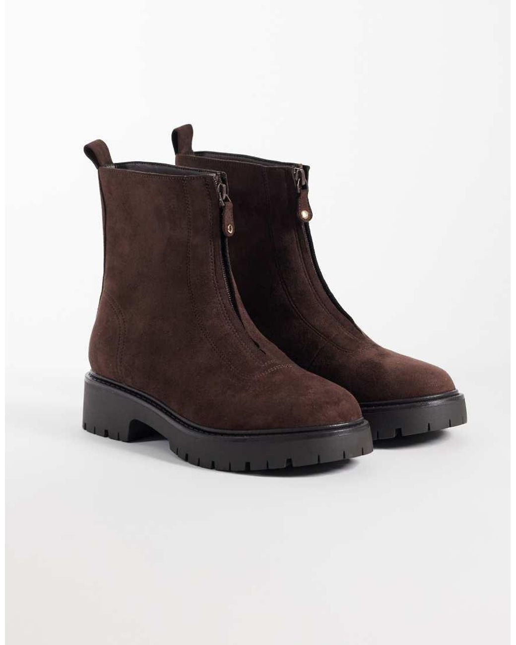 London Rebel Brown Carolina Faux Suede Chunky Zip Front Ankle Boots