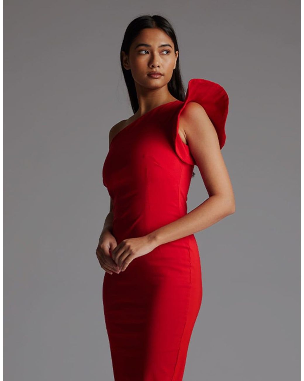 Vesper Red One Shoulder Bodycon Midi Dress With Frill